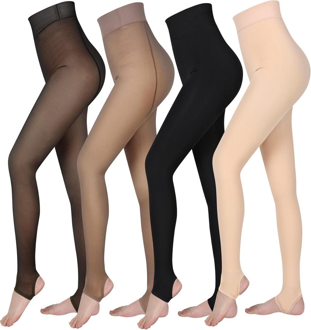 Foaincore 4 Pairs Fleece Lined Tights Women Fleece Lined Leggings Warm Tights Thermal Translucent Leggings for Winter (Stirrup,black, Brown, Nude)