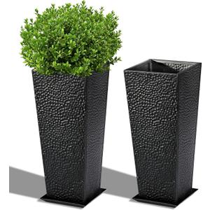 BAYN 2-Pack 24" Tall Metal Planter Hand-Hammered Textured Large Black Flower Pots Box with Saucer for Outdoor&Indoor, Garden, Porch, Patio, Yard with Pre-Drilled Drainage Holes