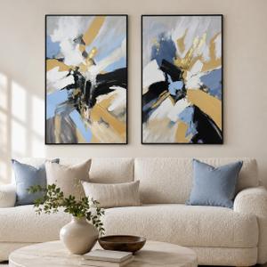 SAFERRYHOME Abstract Hand Painted Wall Art, Blue White, 24"x36"x2 Framed, 24"x36"x2 Panels