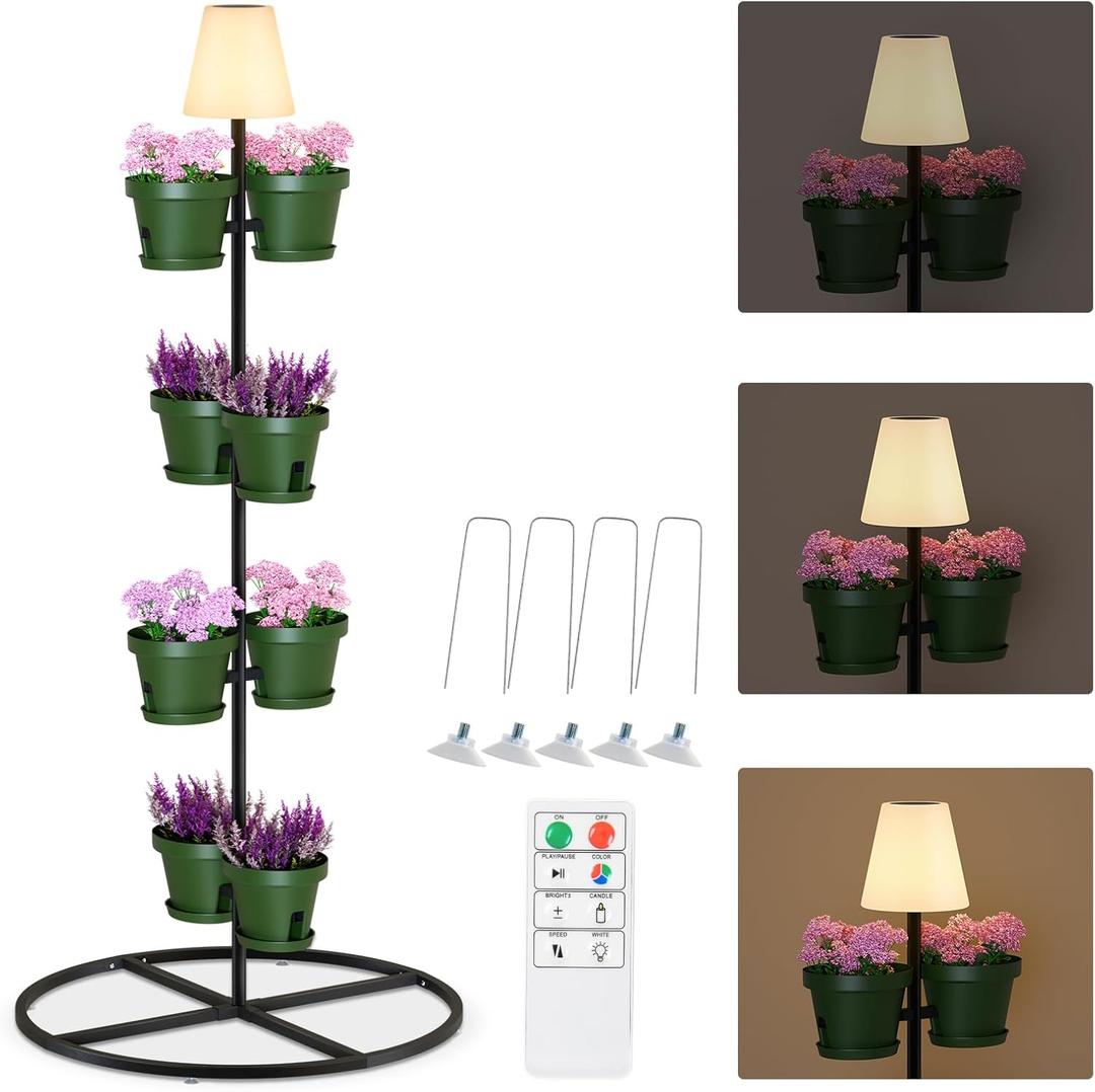 FUYO Metal Outdoor Floor Lamps, Solar Floor Lamp with Flower Shelves, Modern Outdoor Water-Resistant Standing Lamp with 8 Flower Pots, Corner Display Flowershelf Lamp for Multiple Plants (Green)
