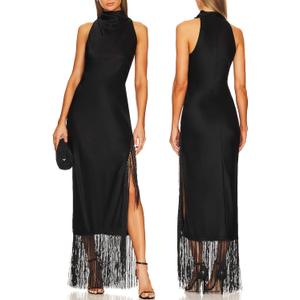 Aigeman Women Vintage Flapper Dresses 1920s Great Gatsby Halter Fringed Maxi Dress Tassels High Split Formal Dress M