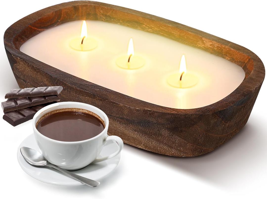 Threlaco 1 Pack 10 Inch Wood Dough Bowl Candles Home Rustic Dough Bowl Soy Candle 3 Wick Scented Candles Gifts for Men Women Farmhouse Table Centerpiece Home Decor for Christmas(Hot Cocoa)