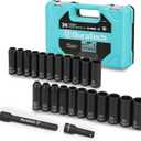 DURATECH 24-Piece Impact Socket Set, 1/2" Drive Deep Impact Socket Set with 2pcs 1/2-Inch Hexagon Extension Bars, Metric SAE, Hard Case Included