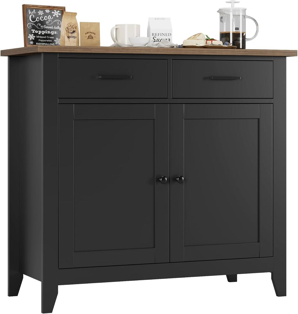 HORSTORS Kitchen Storage Cabinet, Modern Farmhouse Buffet Cabinet with Storage, Coffee Bar with 2 Drawers and 2 Doors, Floor Sideboard Buffet for Living Room, Dining Room, Bathroom, Black/Rustic Brown