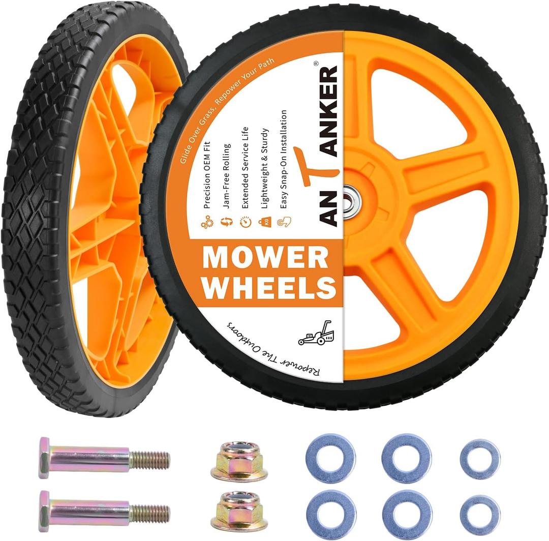Lawn Mower Wheels, 14 inch Push Mower Plastic Wheels with Bolts & Nuts Fits Most Standard Lawn Mower Cart(2 Pack)
