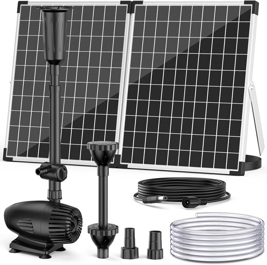 NFESOLAR 55W Solar Fountain Pump, 580GPH Solar Pond Pump with Dry-Run Protection, Foldable Solar Panel, 16.5FT Cord, 10FT Extension Cable, PVC Tubing for Outdoor Ponds, Waterfall, Garden, Hydroponics