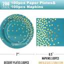 Blue Green Gold Paper Plates and Napkins 200Pack-100 x 7''Dessert Plates & 100 x 6.5''Napkins,Disposable Gold Dots Paper Plate for Father's Day,Independence Day,Birthday,Picnics