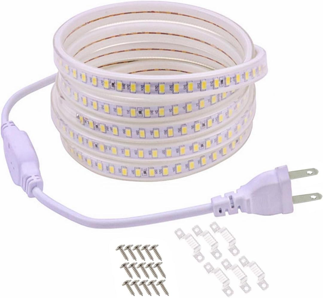 White LED Strip Lights 6.56ft AC 120V Rope Lights 110V Flexible LED Light Strip Waterproof 4000K Bright White SMD 5730 120LEDs/m for Bedroom Mirror Kitchen Cabinet Lighting