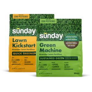 Sunday Lawn Kickstart + Green Machine Granular Lawn Fertilizer Mixed Pack, Quick Green-Up + Sustained Growth, 25-0-4 and 30-0-5 NPK, Zero Pesticides, (2) 12 lb Bags, Covers 4,000 sq ft (EXP 01/07/25)