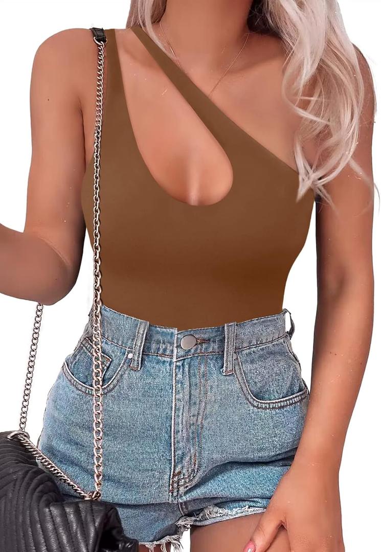 SAUNGKUAI Women's Sexy One Shoulder Sleeveless Cutout Thong Bodysuit Tank Top Body Suits V Backless Tummy Control Shapewear (Medium, Brown)