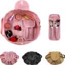 Drawstring Cinch Makeup Bag for Women - Drawstring Cosmetic Bag for Travel Toiletry Organizer with Brush Area (Pink)