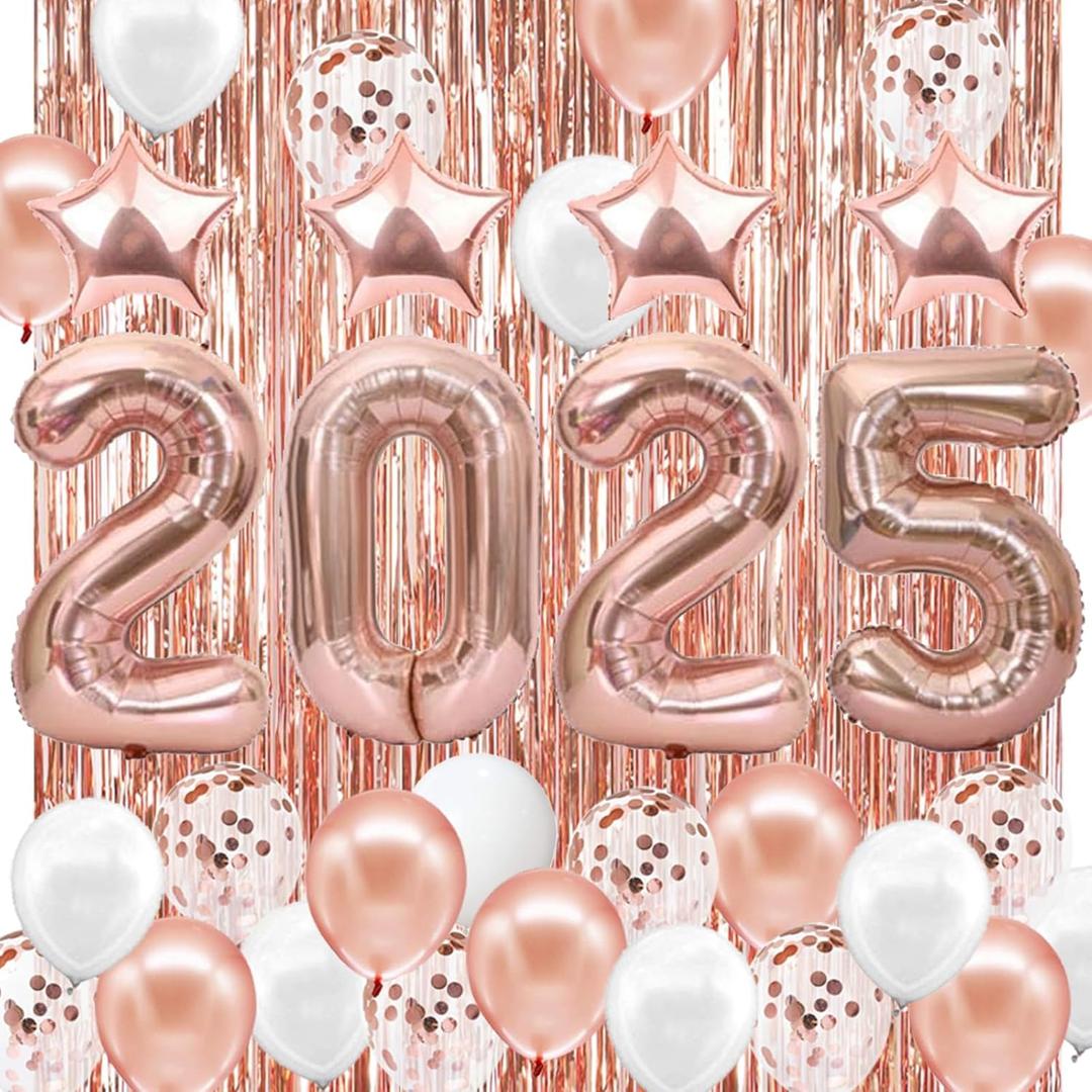 JOJO FLY New Years Eve Party Decorations Kit, Rose Gold 2026 Balloons, Rose Gold and White Balloons Set, Foil Curtain, Graduation Decorations, New Years Eve Party Supplies 2026