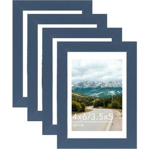 4x6 Picture Frame with 3.5x5 Mat, Display 3.5x5 with Mat or 4x6 Without Mat, Wood 4 by 6 Photo Frame, 4 x 6 Frame for Wall Hanging and Tabletop Display, 4 Pack, Navy Blue