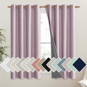 NICETOWN Pink Vintage Linen 100% Blackout Curtains for Living Room, Thermal Insulated Curtains 48" Long, Noise Reducing Window Treatment Drapes for Hall Room, 52" Wide Per Panel, Set of 2