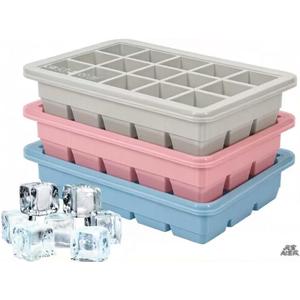 2 x Silicone Ice Cube Trays 3Packs, Easy Release Ice Cube Molds with Lid, Freezer Stackable Ice Maker for Whiskey, Baby Food, BPA Free (Blue+Grey+Pink)