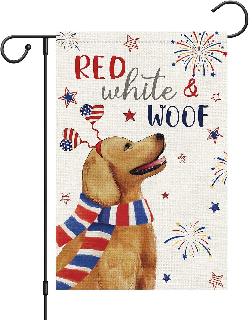 Louise Maelys 4 of July Garden Flag Golden Retriever Dog Red White and Woof Independence Day 12x18 Inch Double Sided Stars and Stripes Small Burlap Yard Sign Outside Outdoor House Decor