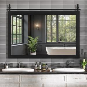 Hasipu Farmhouse Bathroom Mirror, 55"x36" Rustic Wood Framed Wall Mounted Mirror, Black Vintage Vanity Mirror Barn Door Style Decorative Mirrors