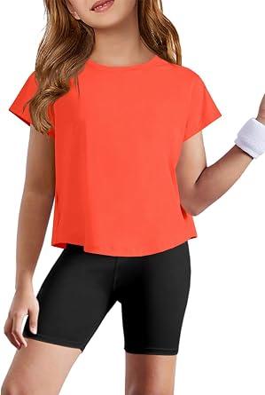 ZDC Girls Athletic Yoga Shirts Summer Short Sleeve Quick Dry Crop Tops Basic Gym Tees Bright Orange, Size 150 
