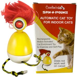Caroline's Cats Automatic Cat Toy - Rechargeable Spin-N-Pounce with Touch Sensor, Silent Motor, 360-Degree Rotation, Interactive Kitten Toys for Indoor Cats, Encourages Self-Play and Exercise