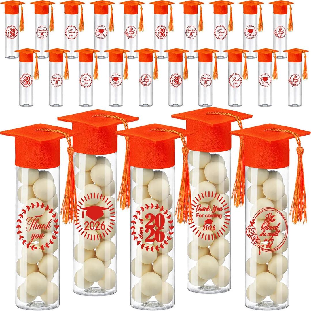 Teenyyou 25 Pcs Graduation Candy Tubes 2026 Graduation Party Favors Candy Boxes Plastic Grad Cap Jars Container with Tassels and Stickers for DIY Grad Table Party Favors (Orange)
