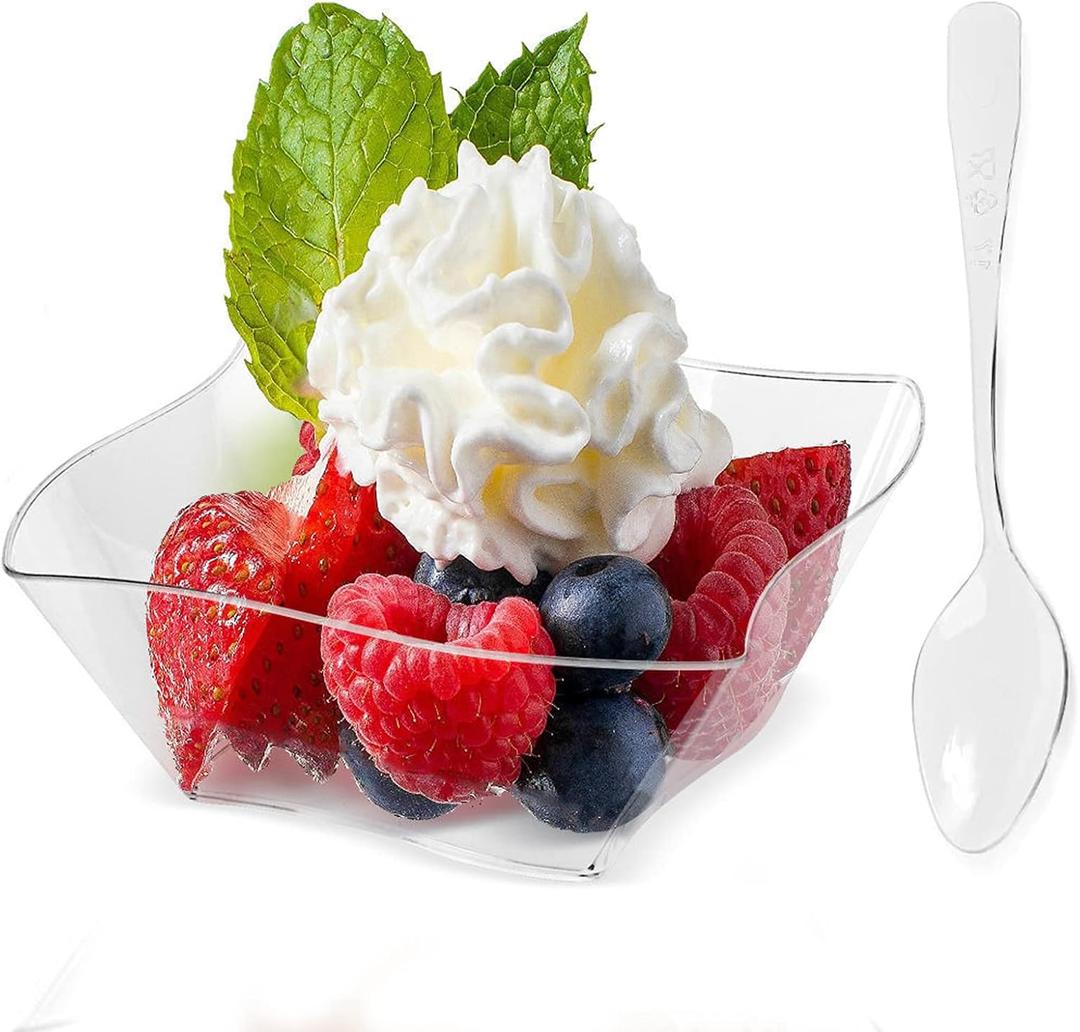 150 Pack 5 oz Clear Plastic Dessert Cups with 150 Tasting Spoons, Square Parfait Appetizer Plates Bowls for Party, Weddings