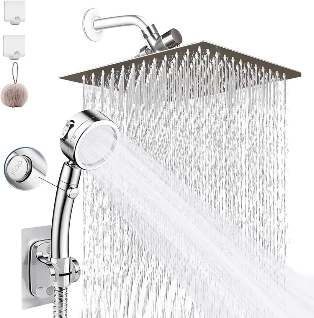 Shower Head, 8" High Pressure Rainfall Stainless Steel Shower Head / 3 Settings On/Off Handshower Combo with Shower Holder and 87" Hose (Chrome)