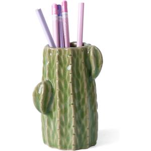 Ceramic Cactus Pen Holder, Cactus Decor Pencil Cup, Cute Pencil Holder for Desk, Pen Stand Makeup Brush Holder for Home, Office, Light Green, Medium (Diameter 6CM)