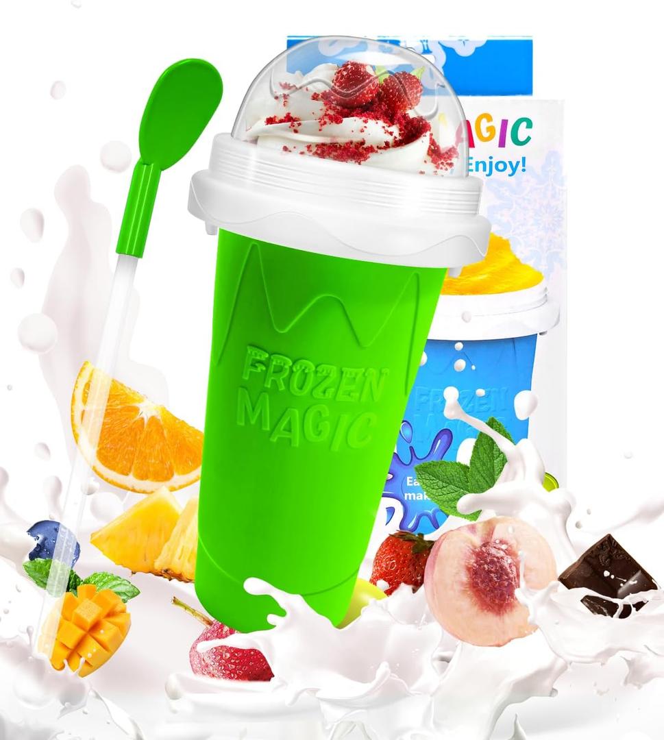 Slushy Maker Cup,DIY Magic Slushy Maker Squeeze Cup,Portable Smoothie Squeeze Cup Juices,Milk and Ice Cream Make,Double Layers Silica Cup Lid & Straw Kids,Friends,Family (Green) 7.87*4.33in