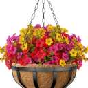 VOXOR Artificial Hanging Flowers with Hanging Baskets for Outdoors, 12 Inch Metal Hanging Planter with 12 Bundles UV Resistant Fake Flowers, Faux Hanging Plants for Porch Patio Garden Balcony Decor