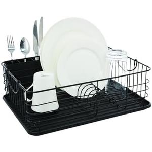 Farberware Sink Series Dish Rack with Metal Handles (16.9" x 14.5") - Rust-Resistant & Satin Frame with Plastic Drainboard, Space-Saving Compact Dish Drying Rack for Modern Kitchens (Matte Black)