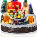 Christmas Village House Musical Christmas Collectible Buildings Camper Bonfire Train Rotation with LED Lights Vacation Village with USB Indoor Figurines Indoor Tabletop Decoration Xmas Decor (Camping)