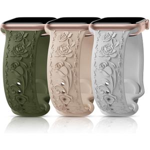 3 Packs Floral Engraved Bands Compatible with Apple Watch Band 40mm 41mm 38mm 42mm 44mm 45mm 49mm for Women, Silicone Cute Embossed Rose Apple Watch Band for iWatch Series 11 10 9 8 7 6 5 4 SE Ultra (army green/milk tea /white)