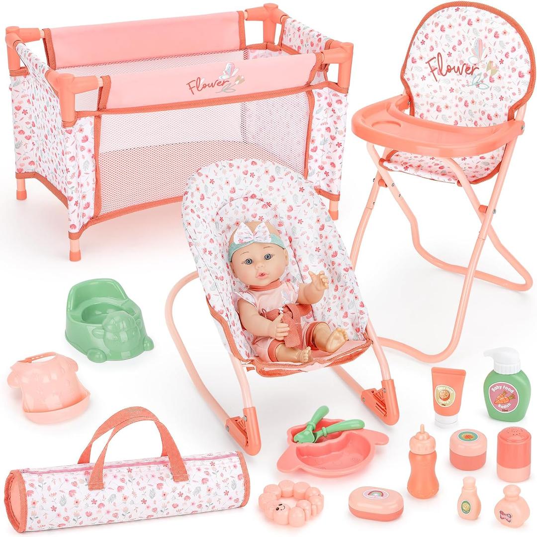 deAO 12" Baby Doll Playset Crib High Chair 18PCS Nursery Pretend Play Toy