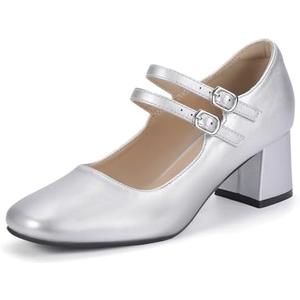 IDIFU IN2 Mary Jane Shoes Women Dress Shoes Women's Pumps Chunky Low Block Heels Square Closed Toe Strappy Wedding Business Bride Comfortable Short Graduation Two Strap Cute Vintage Heels Pumps Shoes, Size 7,5