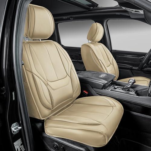 OASIS AUTO Custom Fit Seat Covers for 2019-2025 Ram 1500 2500 3500 (Crew & Quad Cab), Full Set Premium Leatherette, Waterproof Truck Protectors (Tan, for Curved Rear Seat)