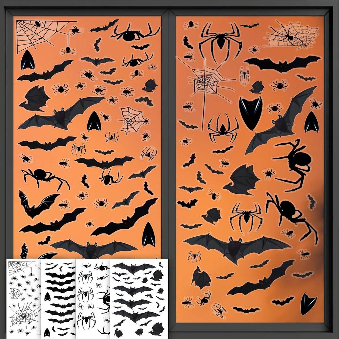 3 x 4 Sheets Halloween Window Clings, Black Bats Spiders Web Window Stickers Spooky Halloween Decorations Wall and Floor Decals for School Home Indoor Party Decor Supplies