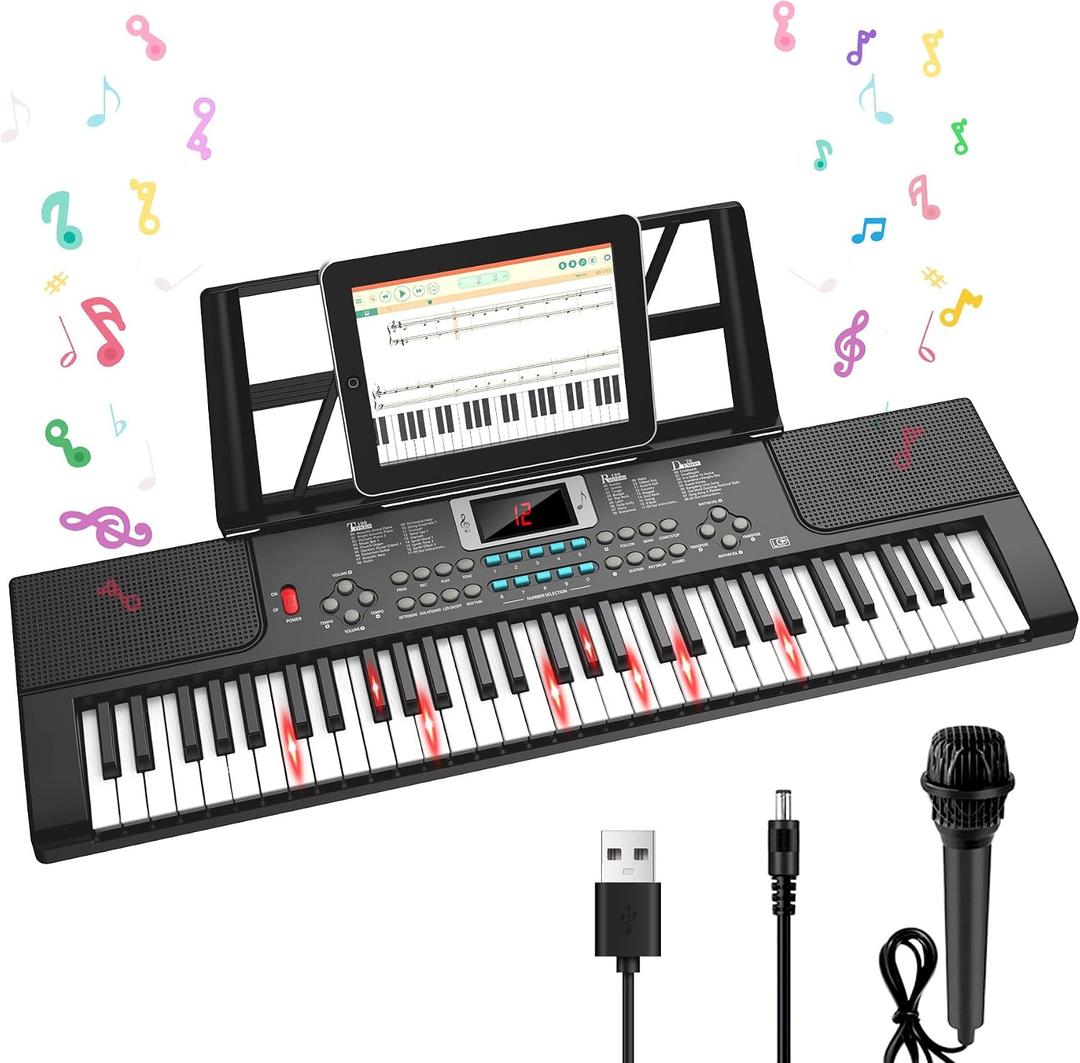 Piano Keyboard, 61 Key Upgrade Kids Pianos Music Toy with Light-up Keys & Pro Teaching Modes, Dual Speaker, 70 Demos,100 Tones, 100 Rhythms Perfect Christmas/Birthday Gift for Kids (Black), 2 x 26.5 x 7.8 inches