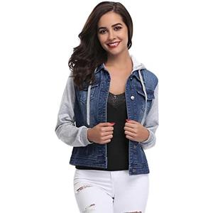 MISS MOLY Women's Layered Drawstring Casual Hoodie Denim Jackets Jean Jacket Coat w Pockets Size M