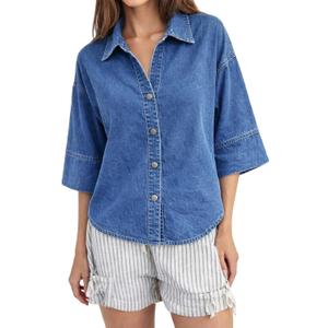 Denim Shirt Women Oversized Button Down Jean Blouse 3/4 Sleeve Casual Lightweight Short Top V Neck Shacket XXL