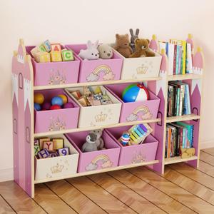 Toy Storage Organizer with 3 Shelves and 9 Bins, Pink Castle