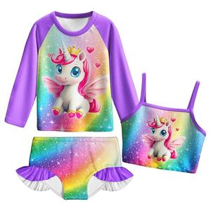 LQSZ Girls 3 Piece Long Sleeve Swimsuit Rash Guard Sets Butterflies UPF 50+ Cover Up Skirts Kids Bathing Suit Beach Cute Swimwear Size 140