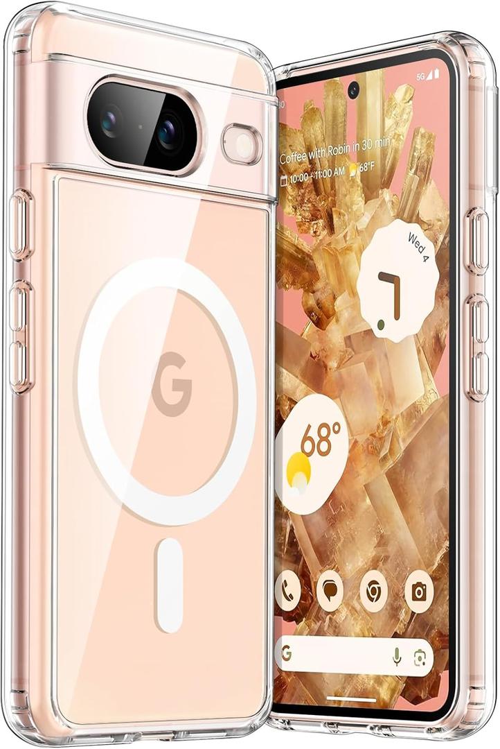 JETech Magnetic Case for Google Pixel 8 6.2-Inch 2023, Compatible with MagSafe Accessories, Shockproof Protective Phone Cover, Non-Yellowing Hard Clear PC Back (Clear)