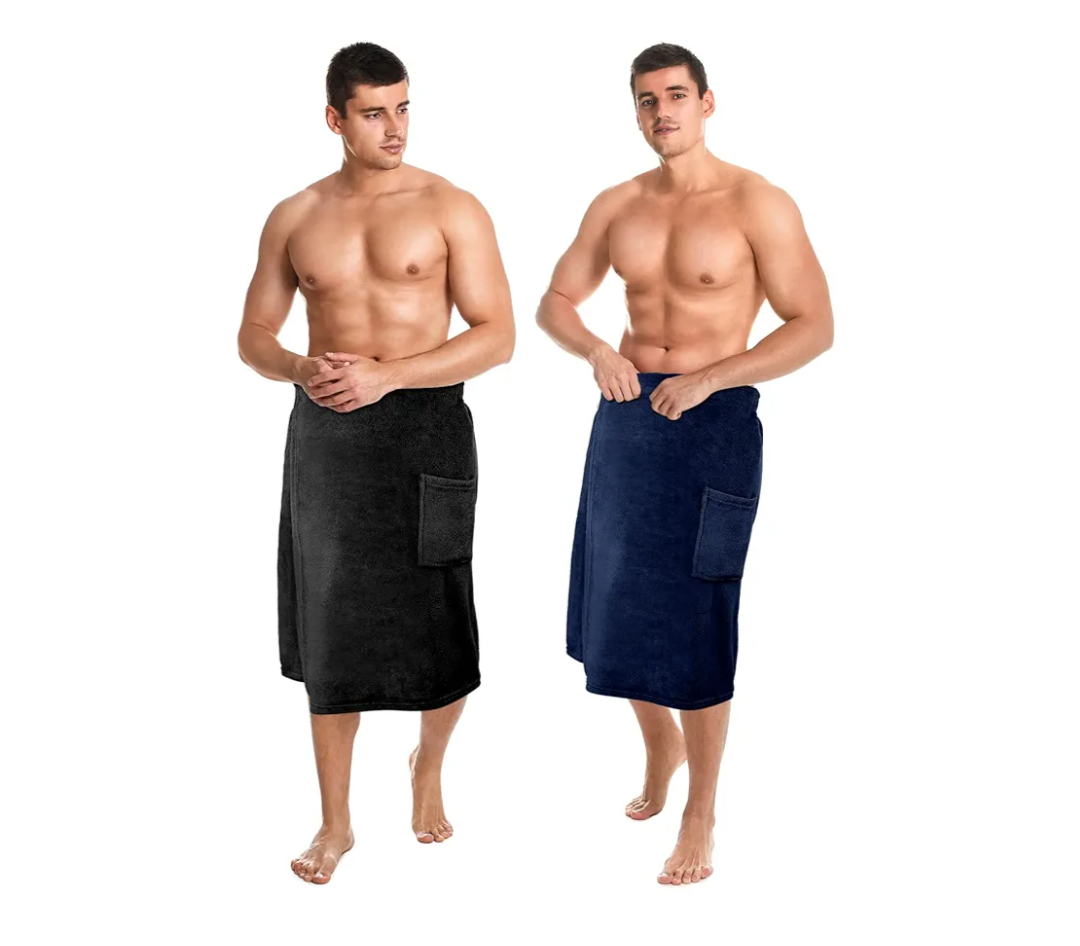Tudomro Men's Bath Wrap Towel Shower Adjustable Terry Body Spa Towel with Pocket After Shower Wrap for Men Gift Spa College Bath Dorm Room Gym(Black, Navy Blue,X-Large,2 Pcs)