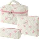 Uekeboag 3Pcs Quilted Cotton Makeup Bag,Coquette Quilted Toiletry Bag for Women and Girls,Floral Coquette Pouch,Cute Kawaii Travel Cosmetic Bags(3Pcs Little Pink Bow)