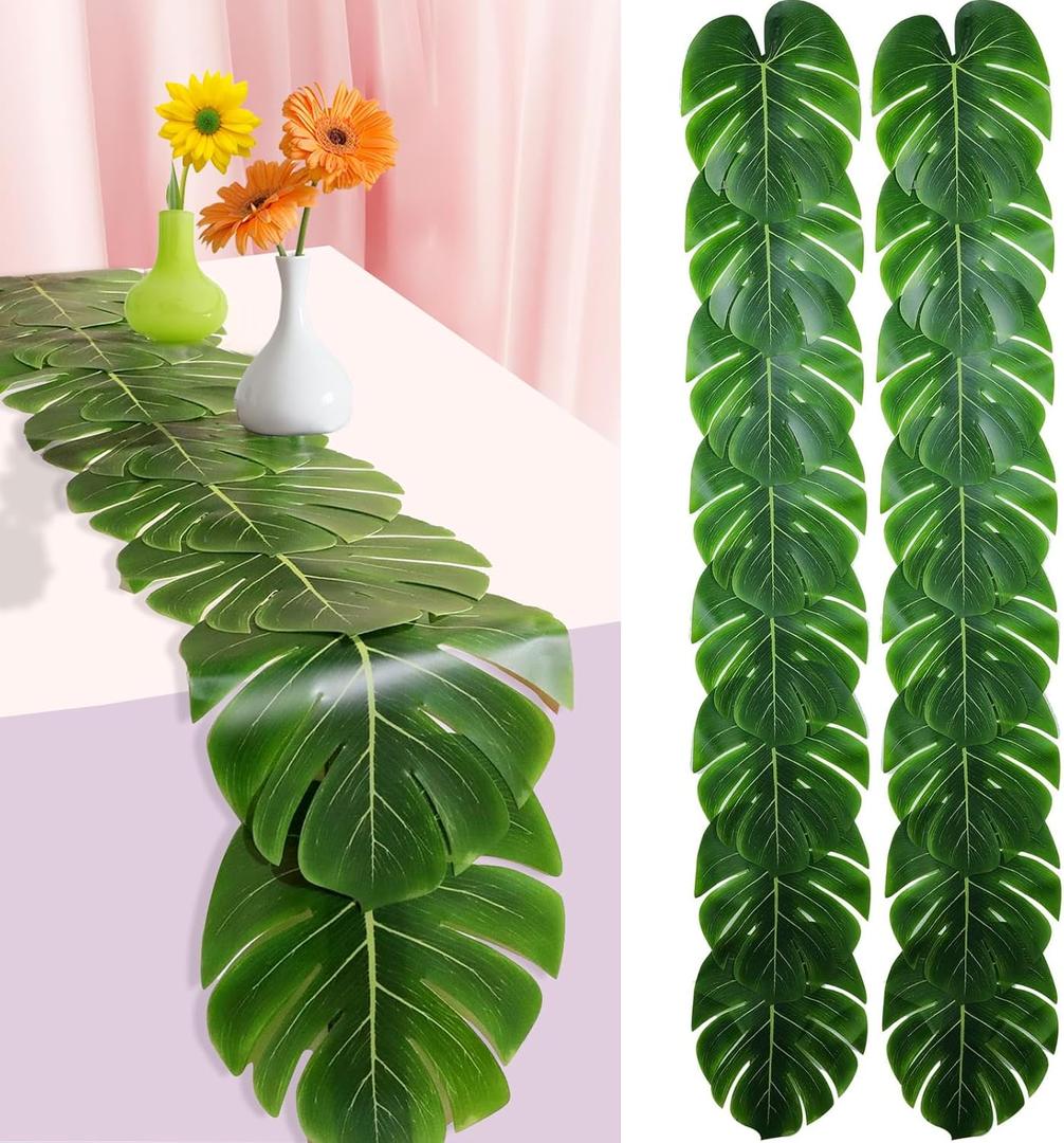 2 Pcs Artificial Palm Leaves Table Runners 72 Inch, Tropical Palm Leaves Table Runner Faux Leaf Table Cloth for Wedding Hawaiian Luau Theme Party Supply Summer Table Wall Decorations