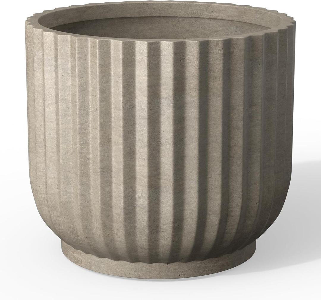 Kante Round Fulted Planter, 11 Inch Dia Large Concrete Plant Pots with Drainage Hole and Rubber Plug, Modern Decor for Indoor Outdoor Plants, Flower, Weathered Concrete, 11"Dia x 9.8"H