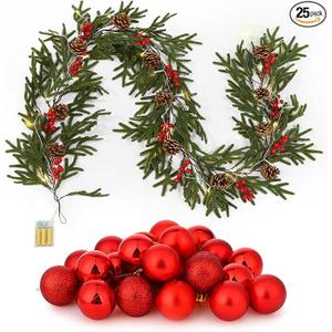 Ovveroche 6.5 FT Christmas Garland with Pinecones, 24 Red Xmas Ornaments, 78.7inch LED Lights Without Battery for Christmas Home Bedroom Wedding Party Mantle Table Centerpiece Decoration