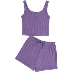 Girl's 2 Piece Outfits Waffle Knit Scoop Neck Button Down Crop Tank Tops Paperbag Waist Track Shorts (10-11 Years, Purple)