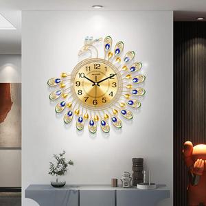 Gold Modern Wall Clock for Living Room Decor Large Peacock Kitchen Big Wall Watch for Bedroom Silent Decorative Office Non Ticking Metal Crystal Wall Clock Battery Operated 15 Inch