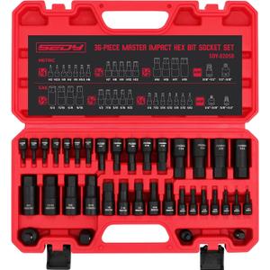 Hex Bit Impact Socket Set: 36-Piece with 4 Adapters, 1/4" 3/8" 1/2" Drive Master Allen Impact Socket Set, SAE and Metric, H5-H19 & 3/4"-5/64", Heavy Duty Storage Case, Automotive Mechanic